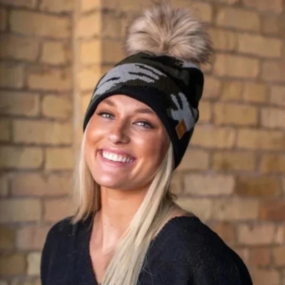 SOLD OUT Olive Camouflage Fleece Lined Knit Faux Fur Pompom Beanie Women's - Picture 3 of 4